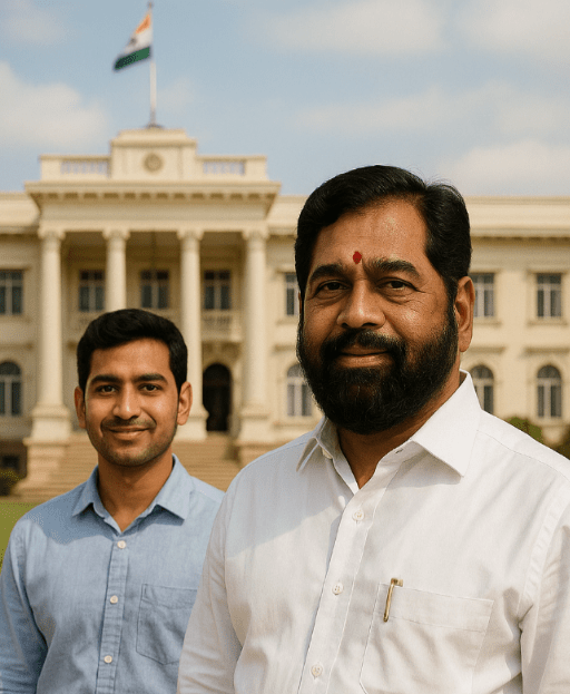 Eknath Shinde standing in front of a historic government building with another person, symbolizing his journey from Satara to Chief Minister of Maharashtra