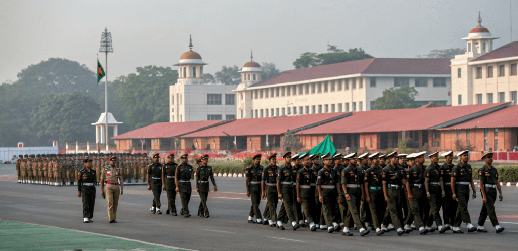 NDA cadets marching in front of academy building in Khadakwasla, Pune during training parade.