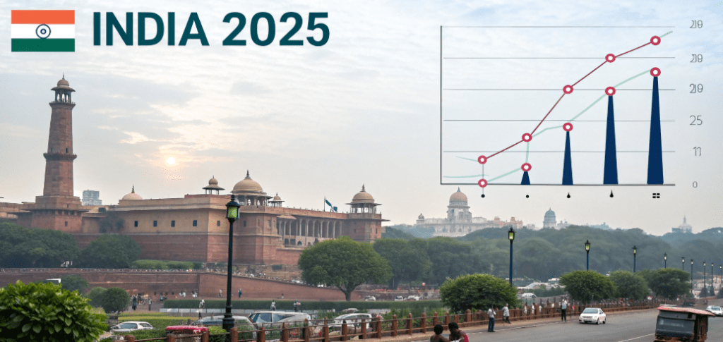 India 2025 sex ratio overview with Red Fort backdrop and rising demographic trend chart