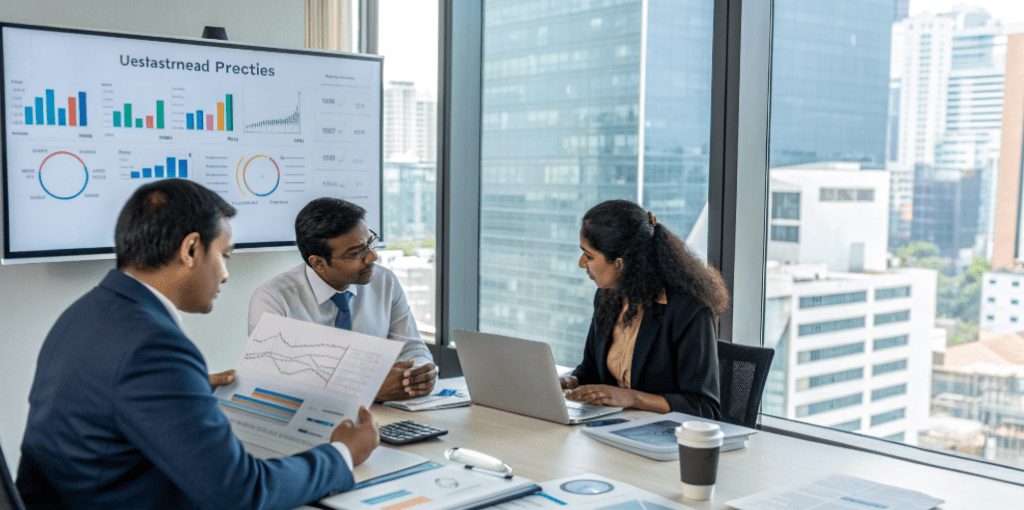 Investors discussing investment strategy using charts and laptops in corporate workplace environment