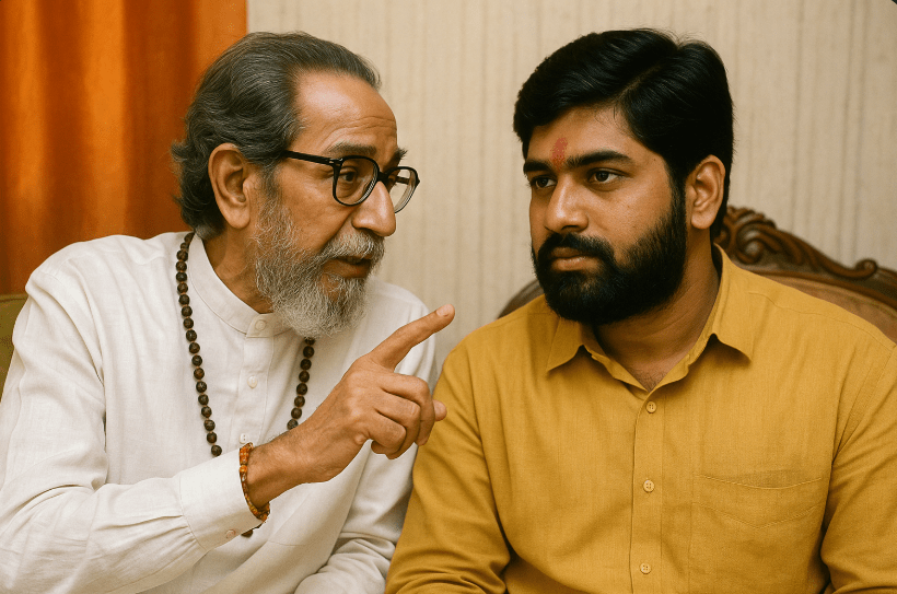 Mentor guiding young political leader, symbolizing Anand Dighe’s influence and grassroots mentorship in shaping future leadership
