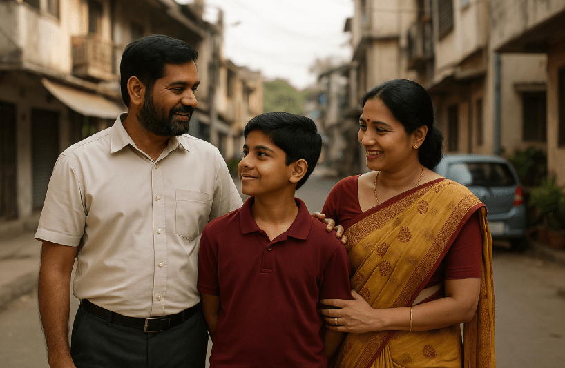 Smiling Indian family standing in a narrow street, symbolizing humble beginnings and strong community ties, representing biography and native place roots