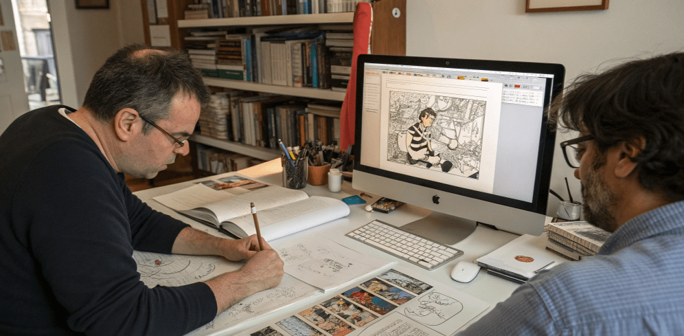 A man sits at a desk drawing political cartoons on paper while referencing artwork displayed on a computer screen, surrounded by bookshelves, illustrating the work environment of a professional cartoonist and journalist.