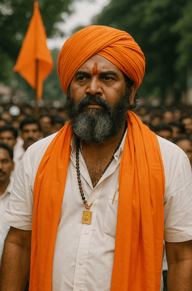 Portrait of Dharmaveer Anand Dighe in saffron attire, symbolizing Hindutva, Shiv Sena leadership, and justice for citizens.