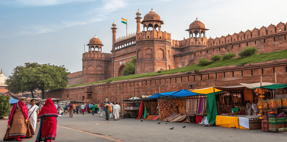 Wide view of the Red Fort in Delhi built from red sandstone, with Indian national flags flying above its towers. In the foreground, a busy street market lines the fort walls, with colorful fabric stalls and vendors. Several people in traditional Indian clothing walk along the road, showing everyday cultural life against a historic political landmark.