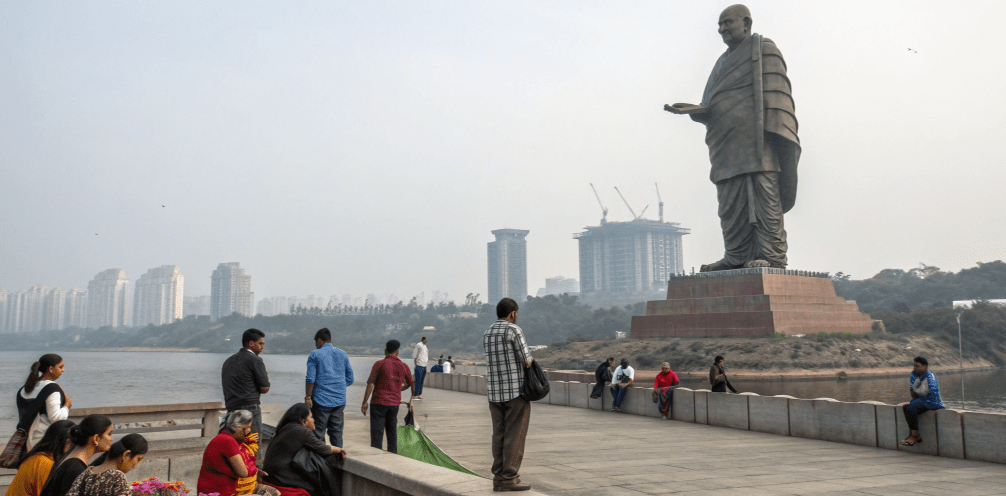 Wide view of the Statue of Unity in Gujarat, the world’s tallest statue, standing beside a river. People sit and walk along the viewing platform in the foreground, while a modern city skyline and construction cranes appear in the hazy background, showing public engagement with a national monument.