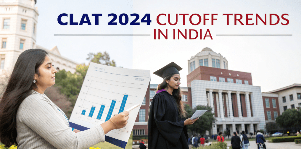 CLAT 2024 cutoff trends chart with students on campus; table shows NLU Bangalore opening rank 1 and closing rank ~150, with other NLUs listed.