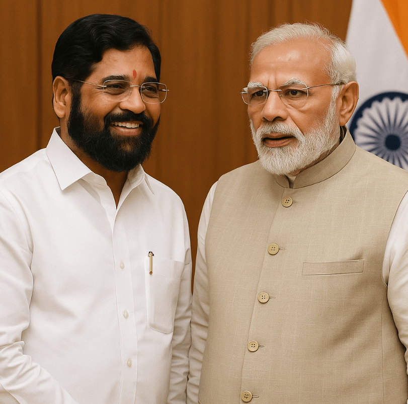 Maharashtra Chief Minister and Indian Prime Minister standing together symbolizing cooperative federalism in action