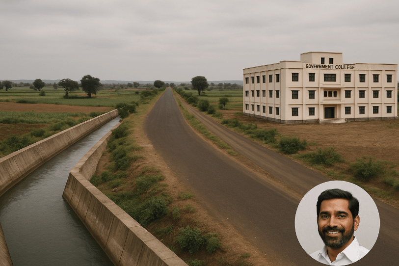 Rural development focus with government college building near road and irrigation canal symbolizing regional equity
