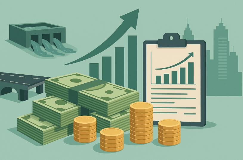 Illustration showing fiscal responsibility with infrastructure investment, rising charts, money stacks and long-term economic growth
