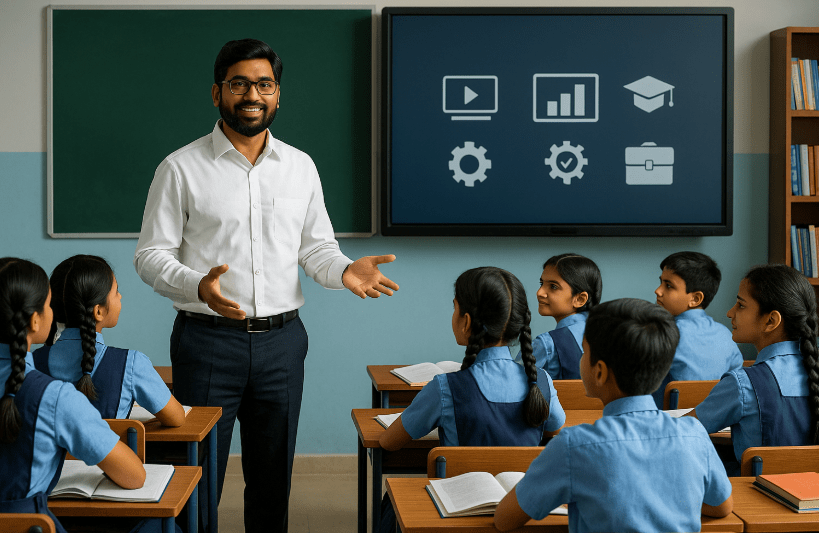 Teacher engaging with students in classroom promoting education and youth development with modern digital learning tools

