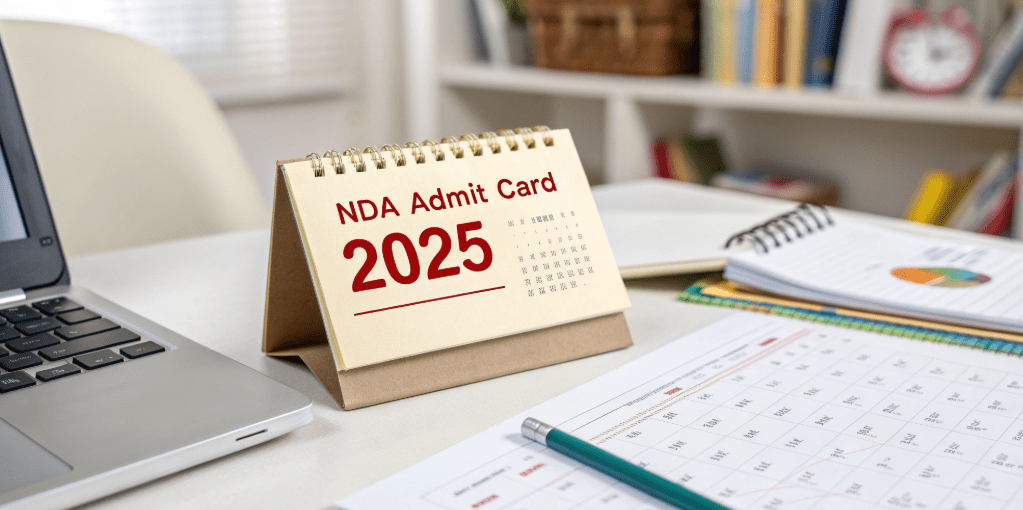 NDA Admit Card 2025 calendar on study desk with notebook and laptop, highlighting NDA exam date 2025 and hall ticket download reminder.