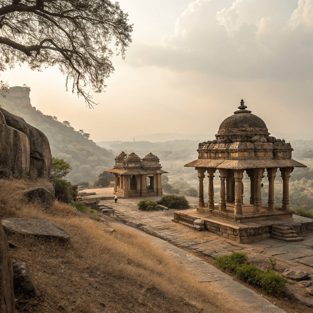 Historic stone pavilions in rural India surrounded by hills and natural landscape under soft daylight