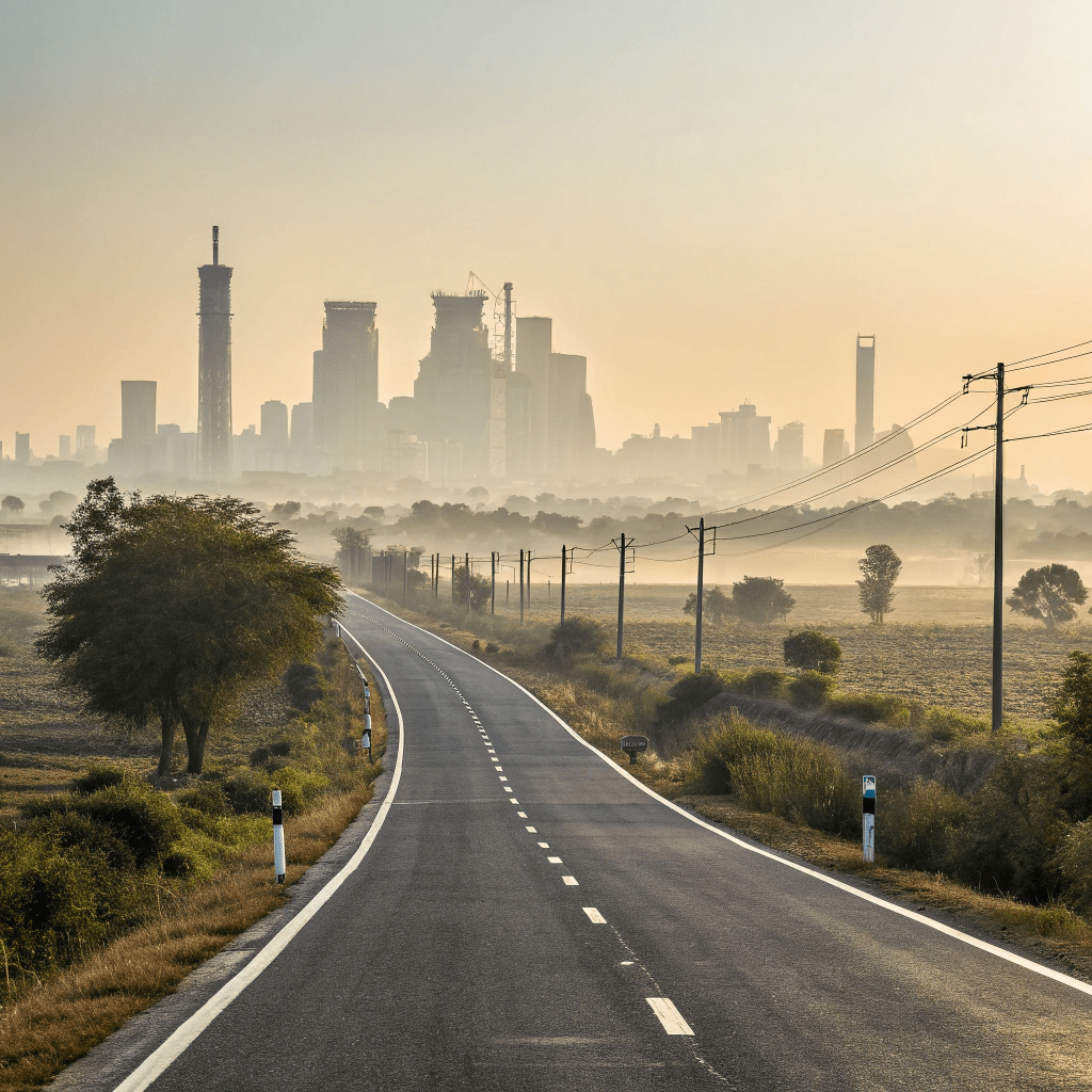 A newly built highway connecting rural land to a modern city skyline at sunrise, symbolizing infrastructure development, urban expansion, and efforts to bridge rural–urban divides.