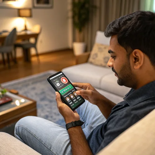 Man in India using a smartphone to access a mobile casino gaming app.