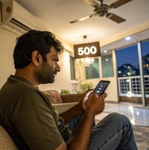 Indian man using smartphone showing a 500 bonus on a casino app at home in Mumbai.