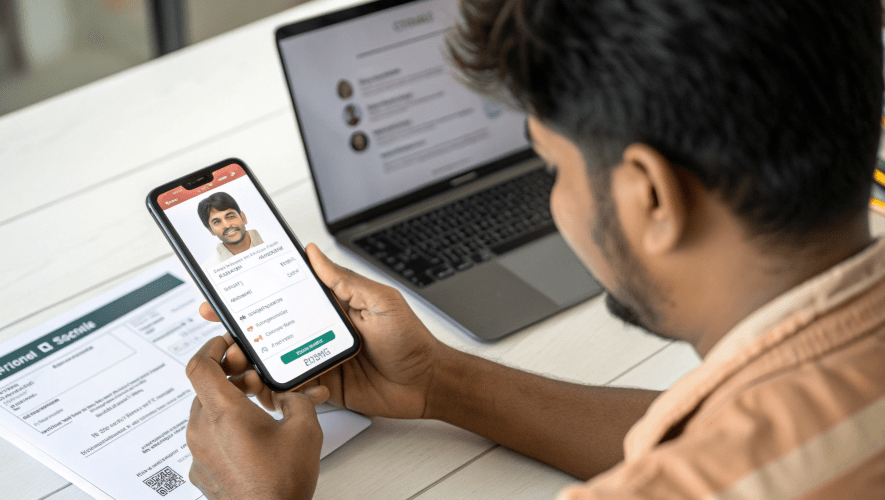 Indian user uploading identification for mobile KYC verification.