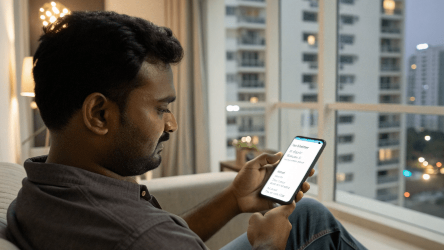 Man in India updating a mobile app on a smartphone.