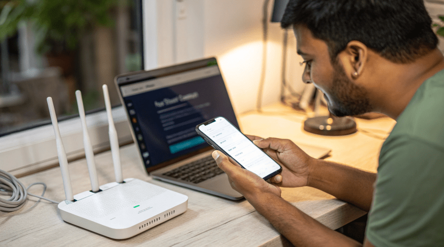 Indian user verifying mobile login on a smartphone at a desk.