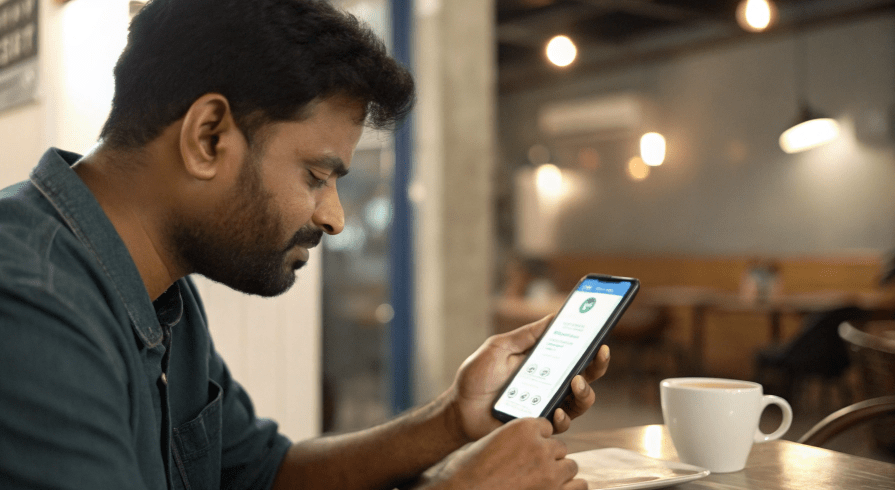 Man in India making a mobile payment using a smartphone.