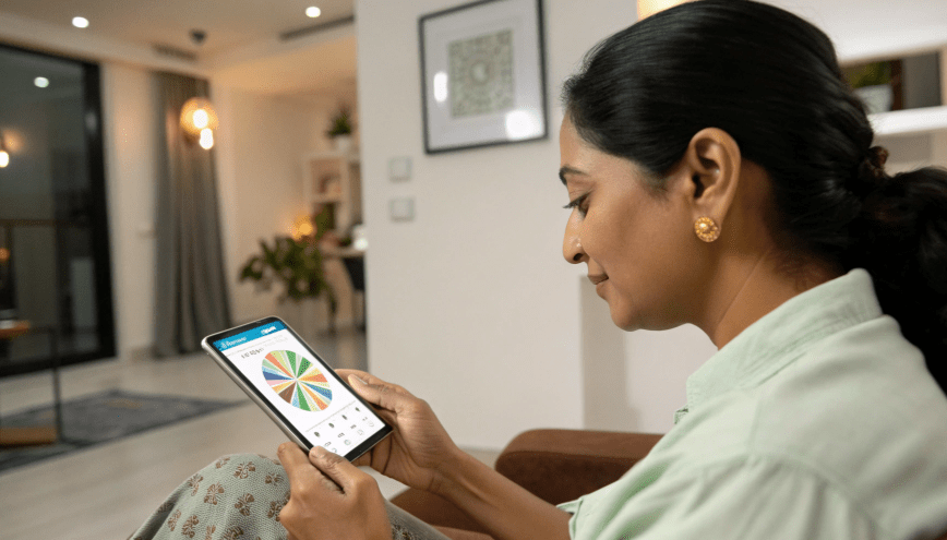 Woman in India viewing bonus rewards on a mobile app.