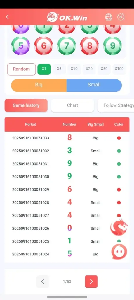 OK Win prediction platform interface showing color and number selection options